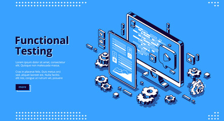 Software testing isometric landing page. Functional test, mobile application and website platform development, dashboard usability optimization for computer and tablet pc 3d vector line art web banner © klyaksun