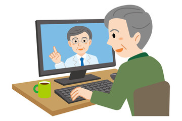 自宅のパソコンで医師からオンライン診療を受ける高齢の男性/白背景