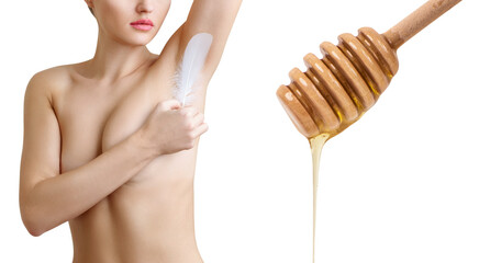 Woman holds feather near clean armpit and honey spoon.