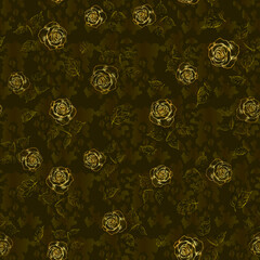 Seamless pattern, floral, editorial background in khaki colors with golden roses, classic concept for your design.
