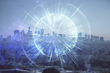 Double exposure of business theme hologram drawing and city veiw background. Concept of success.