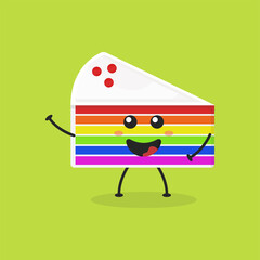 Cute Flat Cartoon Sliced Rainbow Cake Illustration. Vector illustration of cute sliced cake with a smiling expression. Cute rainbow cake mascot design