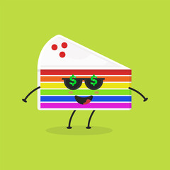 Cute Flat Cartoon Sliced Rainbow Cake Illustration. Vector illustration of cute sliced cake with a smiling expression. Cute rainbow cake mascot design