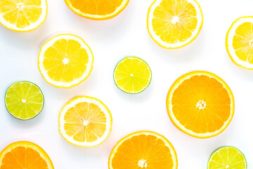 Fototapeta na wymiar Collection of fresh lime, lemon, orange, citrus, grapefruit slice on white background.