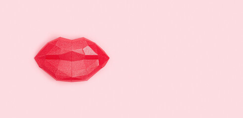 Kissing woman lips red colored on light pink paper background.  Beautiful close up kiss 3d volume paper object. Banner with copy space.