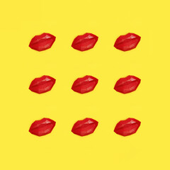 Romance concept with bright beauty red polygonal paper lips. Creative kiss. World Kissing Day greeting card. Flat lay.