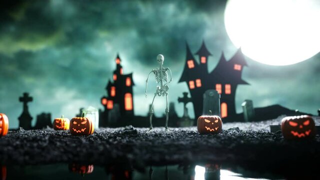 Crazy skeleton funny dancing on the cemetery . Halloween concept.