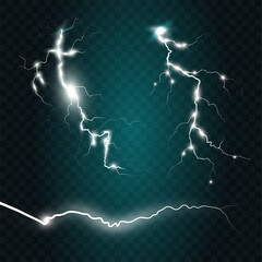 Set of isolated lightning effects on blue background. Thunder-storm magic and bright lightning effect. Realistic vector illustration