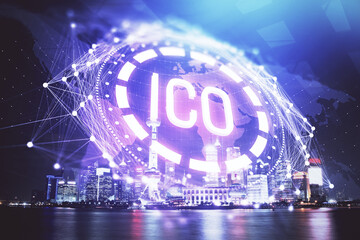 Multi exposure of cryptocurrency theme hologram drawing and city veiw background. Concept of...