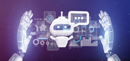 Cyborg hand holding Chatbot with binary code, message and data 3d rendering