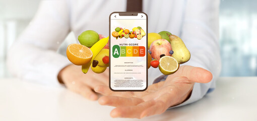 Businessman holding a food mobile app - 3d rendering