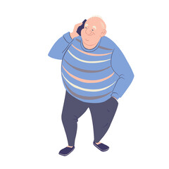 Elderly man with smartphone. Senior male person talking mobile phone. Cartoon character isolated on white. Vector illustration.