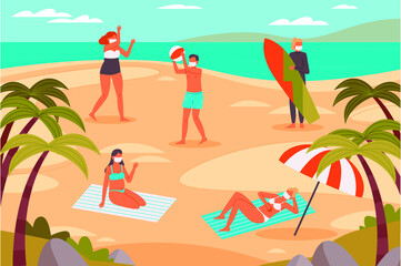 People on beach playing surfing with mask and social distancing icons set isolated  