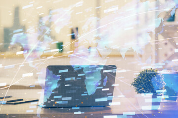 Double exposure of desktop with computer on background and tech theme drawing. Concept of big data.