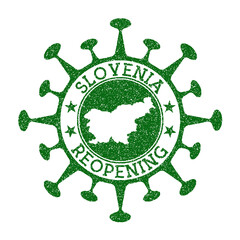 Slovenia Reopening Stamp. Green round badge of country with map of Slovenia. Country opening after lockdown. Vector illustration.