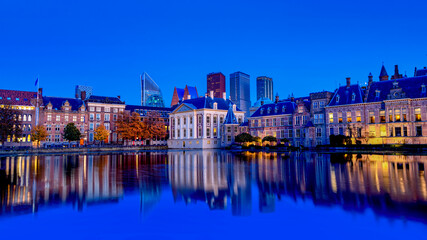 The Hague Binnenhof Palace Parliament Buildings and Mauritshuis Museum Skyline of Den Haag at Twilight During Blue Hour.