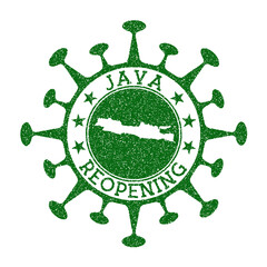 Java Reopening Stamp. Green round badge of island with map of Java. Island opening after lockdown. Vector illustration.