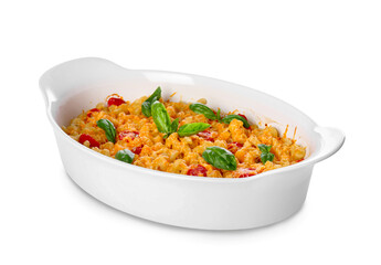 Tasty baked pasta in dish on white background