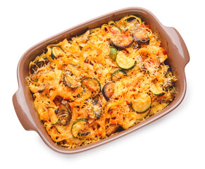 Tasty baked pasta in dish on white background