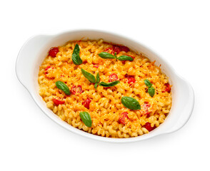 Tasty baked pasta in dish on white background