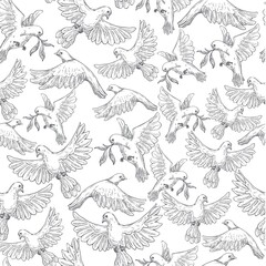 Flying pigeons carrying branches colorless seamless pattern vector