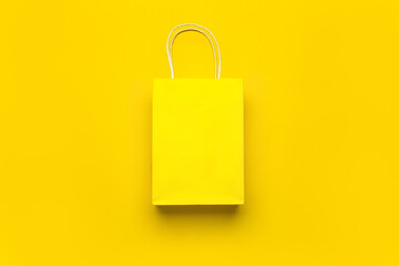 Paper shopping bag on color background