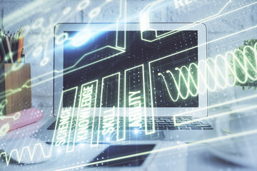 Desktop computer background and education theme drawing. Double exposure. Study concept.