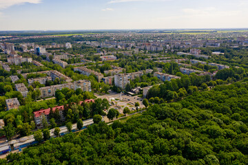 Aerial view of European city landscape.