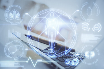 Desktop computer background and education theme drawing. Double exposure. Study concept.