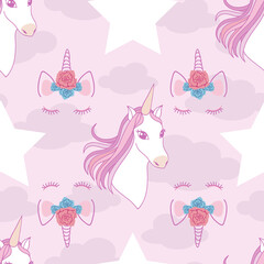 Seamless pattern unicorns and stars on pink clouds background