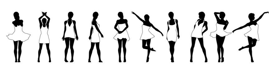 Obraz na płótnie Canvas Set of beautiful a fashion girls in short dress. Silhouette of young woman. Vector illustration.