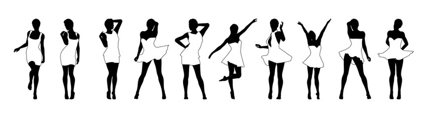 Obraz premium Set of beautiful a fashion girls in short dress. Silhouette of young woman. Vector illustration.