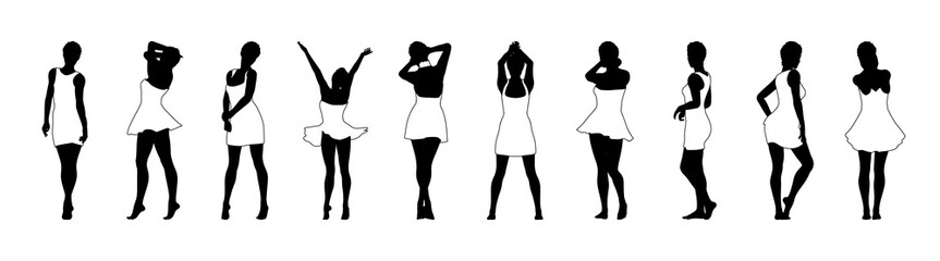Set of beautiful a fashion girls in short dress. Silhouette of young woman. Vector illustration.