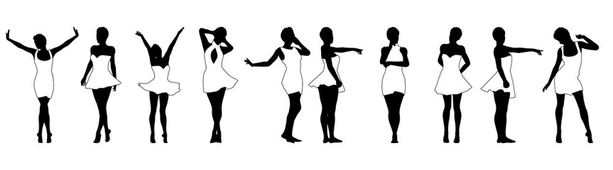Obraz premium Set of beautiful a fashion girls in short dress. Silhouette of young woman. Vector illustration.