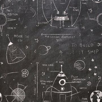 Seamless  Kids Space Illustration Drawn On By Chalk On Chalkboard 