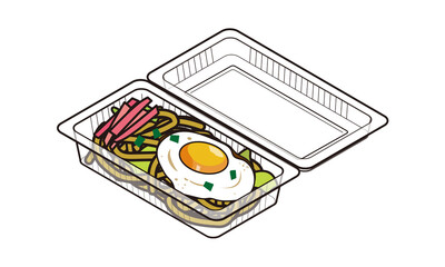 持ち帰り販売のフードパックに入った目玉焼き焼きそば