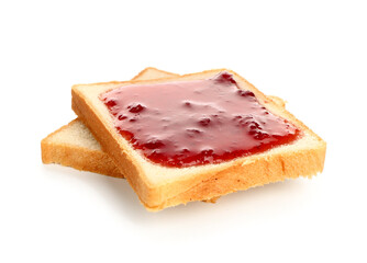 Bread with tasty strawberry jam on white background