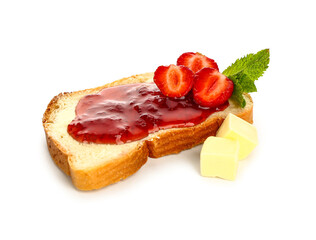 Bread with tasty strawberry jam and butter on white background