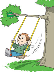 Boy on swing under a tree.