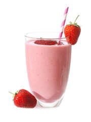 Glass of tasty strawberry smoothie on white background