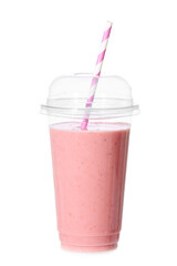 Cup of tasty strawberry smoothie on white background