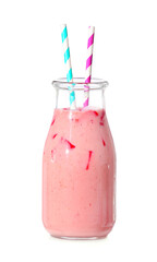 Bottle of tasty strawberry smoothie on white background