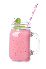 Mason jar of tasty strawberry smoothie on white background