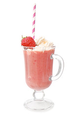 Cup of tasty strawberry milkshake on white background