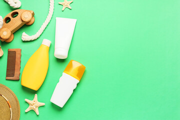 Composition with sunscreen cream on color background