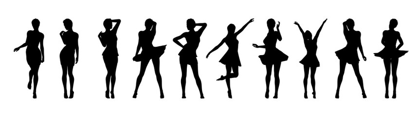 Plakat Set of beautiful a fashion girls in short dress. Silhouette of young woman. Vector illustration.