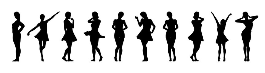 Set of beautiful a fashion girls in short dress. Silhouette of young woman. Vector illustration.