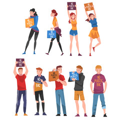 Set of People with Placards and Paper Bags with No Plastic Bag Inscription, Reducing Plastic Campaign, Protection of Environment Concept Vector Illustration