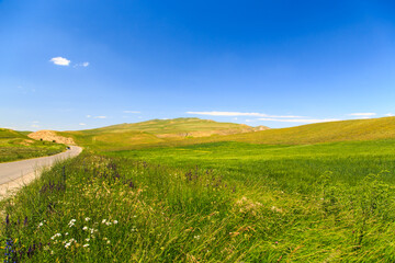 Beautiful spring and summer landscape. Mountain country road among green hills.