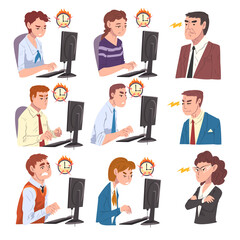 Stressed Business People Working Overtime at Deadline Set, Overloaded Office Workers Working Hard Solving Business Problems Vector Illustration